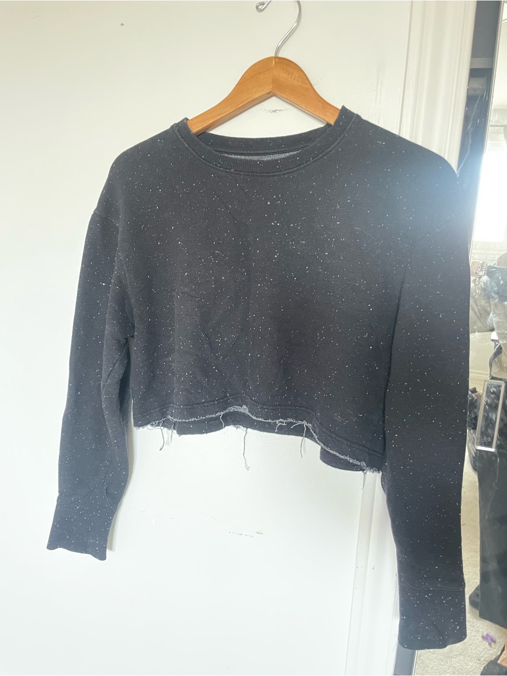 Eleven Paris Black Speckled Raw-Hem Cropped Sweatshirt